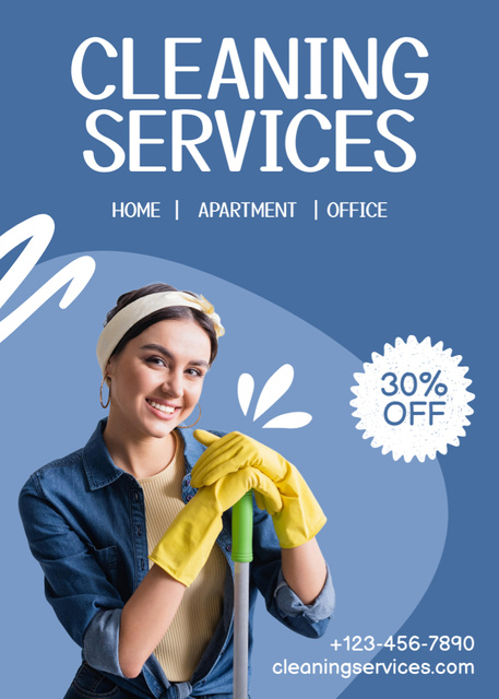 Cleaning Services Ad with Woman in Yellow Gloves And Discounts Flayer Modelo de Design