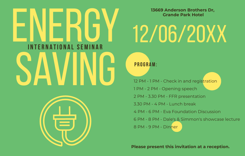 Template di design Socket Logo in Green For Energy Saving Seminar Invitation 4.6x7.2in Horizontal