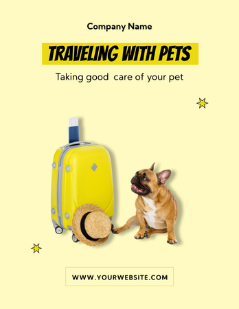 Designvorlage Reiseführer für Haustiere mit süßer französischer Bulldogge in der Nähe von Koffer und Hut für Flyer 8.5x11in