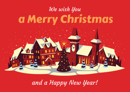 Merry Christmas Greeting with Snow on Night Village Postcard Design Template