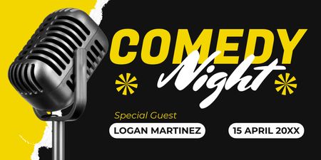 Comedy Night Announcement with Microphone on Black Twitter Design Template