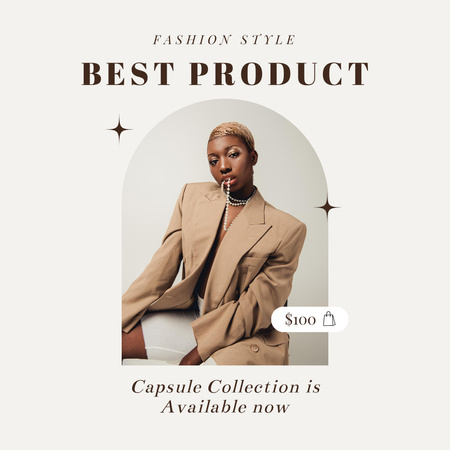 Ontwerpsjabloon van Instagram van Mode-advertentie met aantrekkelijke vrouw in bruine blazer