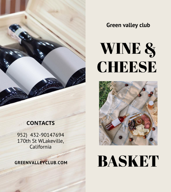 Wine Tasting Event Ad with Bottles and Cheese Basket Brochure 9x8in Bi-fold Design Template