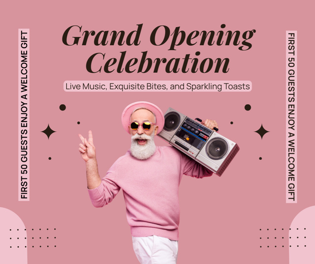 Opening Celebration With Boombox And Welcome Gifts Facebook Design Template