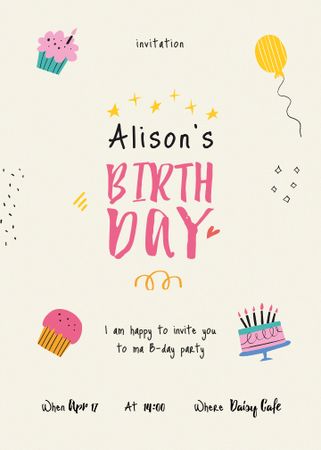 Birthday Party Announcement with Cakes and Balloons Invitation Design Template