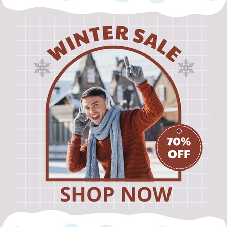 Designvorlage Ankündigung des Winterschlussverkaufs mit Mann mit Kopfhörern für Instagram