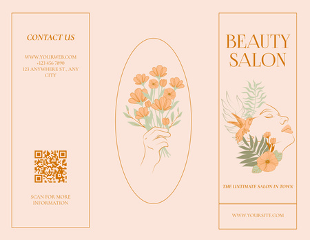 Plantilla de diseño de Anuncio de salón de belleza con cara de mujer abstracta con pájaro y flores Brochure 8.5x11in 