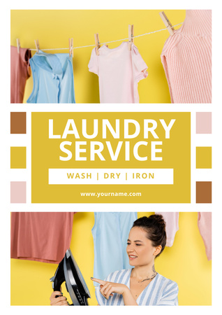 Modèle de visuel Annonce de services de blanchisserie avec une femme tenant un fer à repasser - Poster