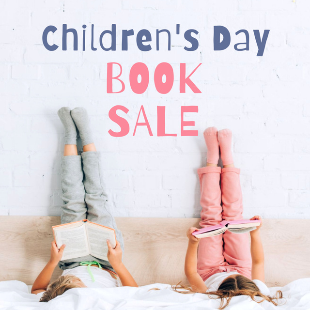 Children Books Day Sale Announcement with Cute Reading Kids Instagramデザインテンプレート
