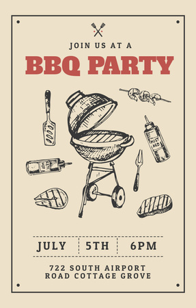 BBQ Party Announcement with Sketch Illustration on Beige Invitation 4.6x7.2in Design Template