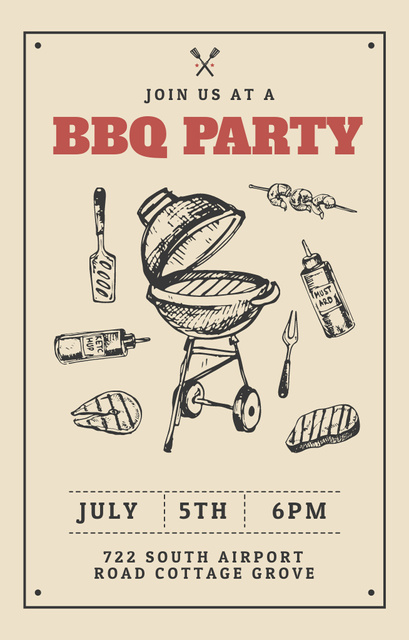 BBQ Party Announcement with Sketch Illustration on Beige Invitation 4.6x7.2inデザインテンプレート