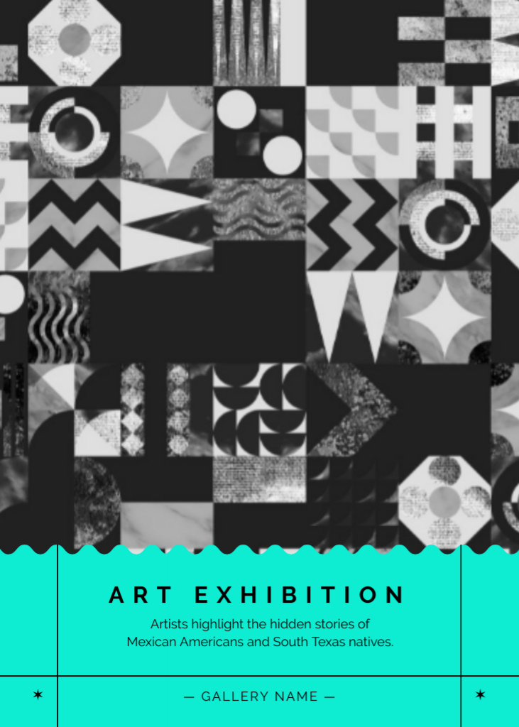 Designvorlage Contemporary Art Exhibition Announcement with Geometrical Pattern für Postcard 5x7in Vertical