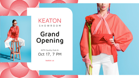 Showroom Grand Opening announcement with Stylish Woman FB event cover Design Template