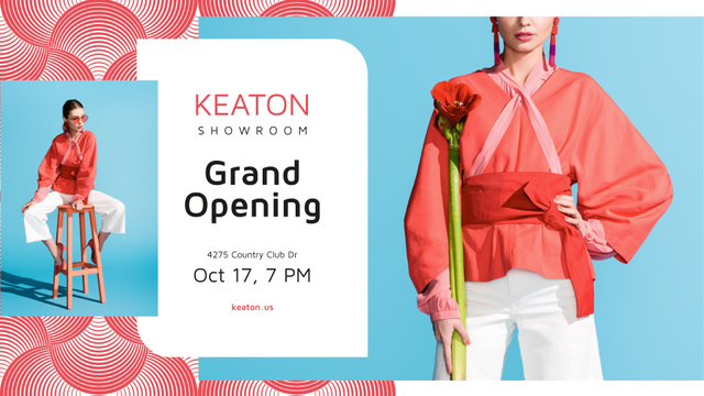 Designvorlage Showroom Grand Opening announcement with Stylish Woman für FB event cover