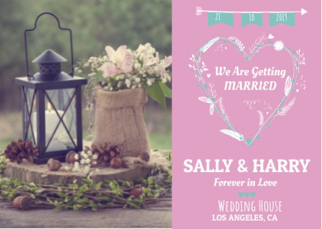 Wedding Invitation with Flowers in Pink Postcard Modelo de Design