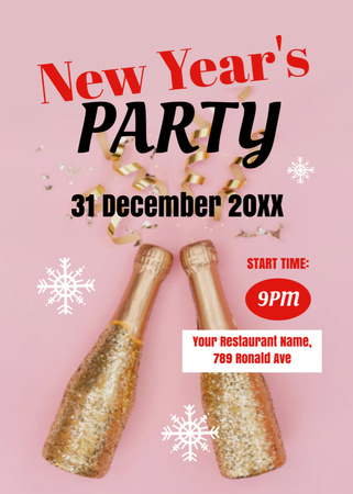 New Year Party Announcement with Champagne Bottles Invitation Design Template