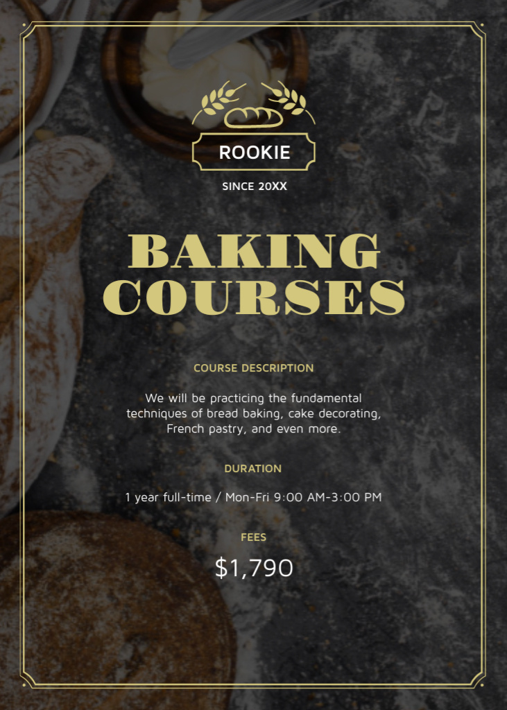 Baking Courses Ad with Fresh Croissants and Cookies Flayer Tasarım Şablonu