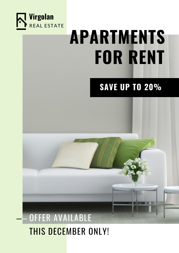 Plantilla de diseño de Real Estate Rent Offer with Sofa in Room Flyer A6 