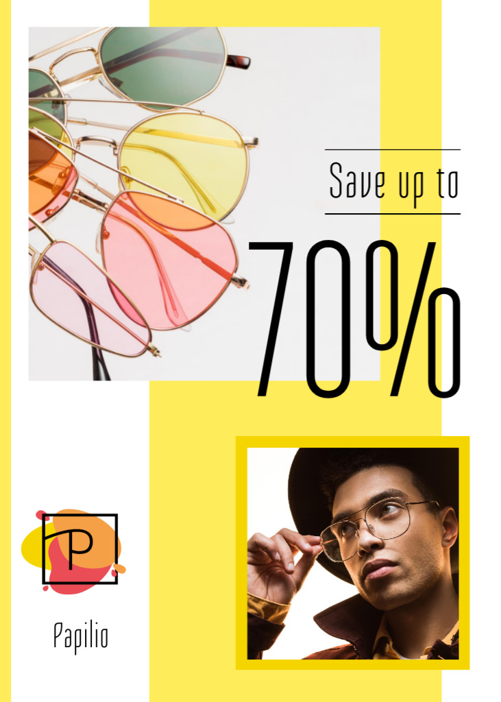 Designvorlage Sunglasses Sale with Stylish Men in Yellow für Flayer