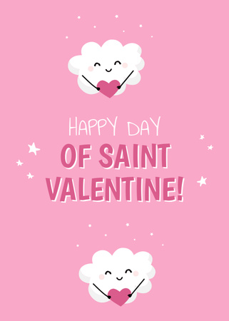 Valentine's Greeting with Cute Clouds Holding Hearts Postcard 5x7in Vertical Design Template