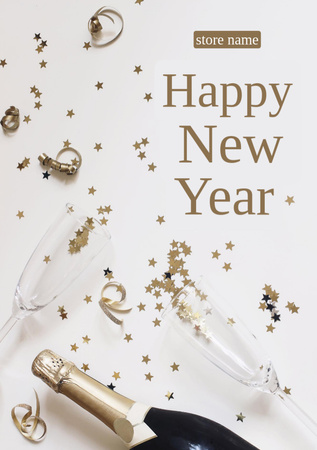 New Year Greeting Champagne Bottle Postcard A5 Vertical Design Template