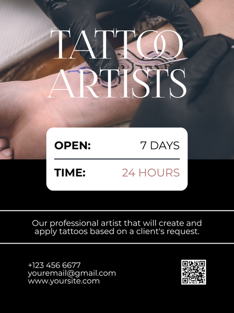 Professional Tattoo Artists Service Around The Clock Offer Poster US Design Template