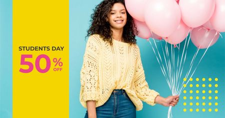 Students Day Offer with Girl holding Balloons Facebook AD Design Template