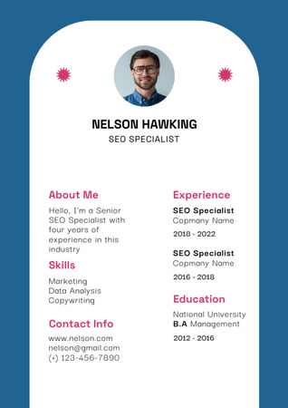 Skills and Experience in SEO Marketing on Blue Resume Design Template