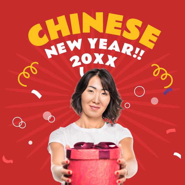 Chinese New Year Celebration with Woman holding GIfts Instagramデザインテンプレート