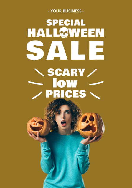 Platilla de diseño Halloween Sale Ad with Handsome Man Holding Pumpkins Poster 28x40in