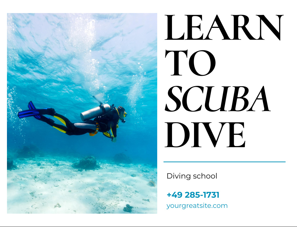 Ontwerpsjabloon van Postcard 4.2x5.5in van Scuba Diving School with Man in Apparel Underwater