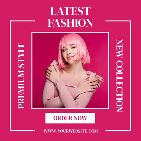 Nainen vaaleanpunaisessa mekossa viimeisimpään muotikokoelman ilmoitukseen Instagram Design Template