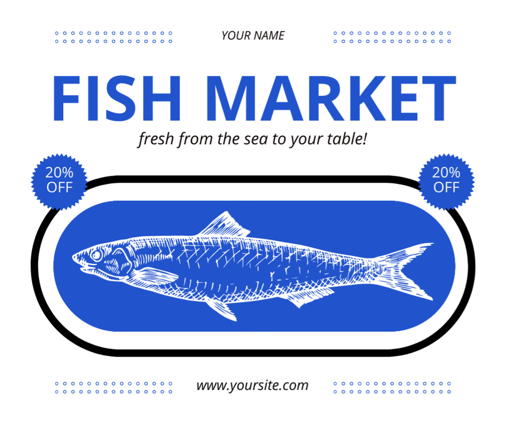 Fish Market Ad with Illustration in Blue Facebookデザインテンプレート