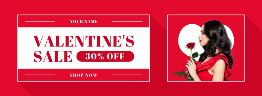 Valentine's Day Sale with Brunette in Red Dress with Rose Facebook cover Πρότυπο σχεδίασης
