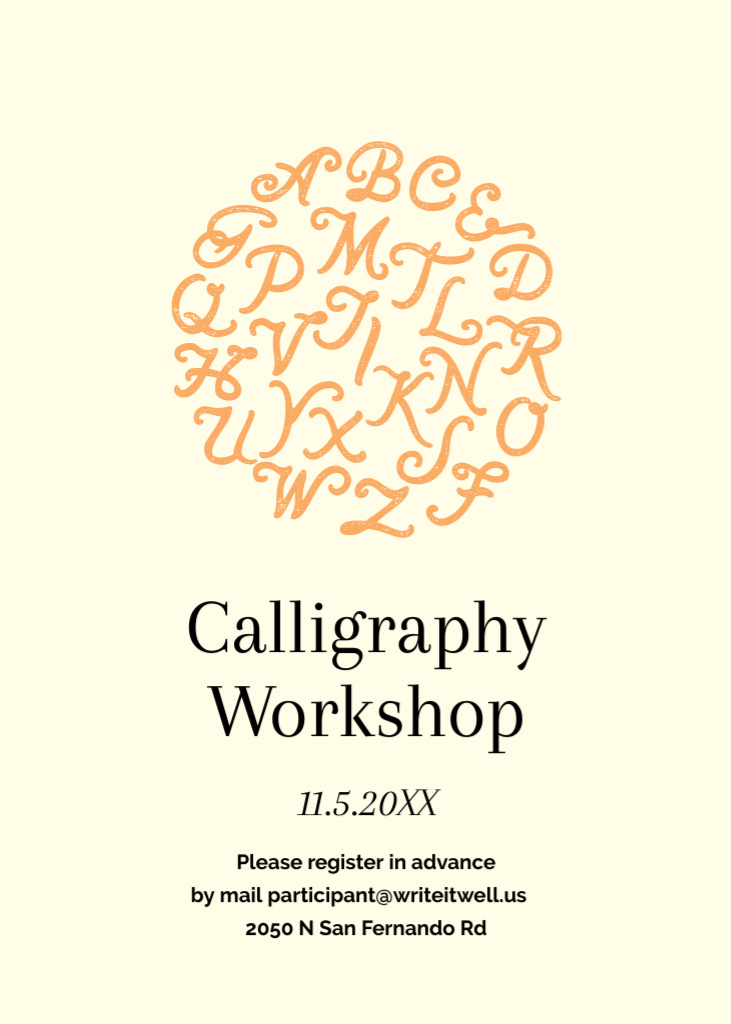 Ontwerpsjabloon van Flayer van Calligraphy Workshop Ad with Letters in Circle