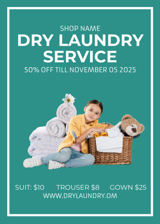 Template di design Annuncio di servizi di lavanderia con bambina con cesto per vestiti Flayer