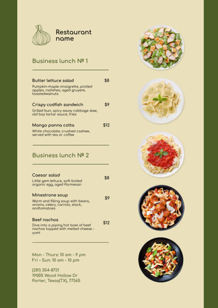 Designvorlage List of Dishes in Restaurant in Green and Yellow für Menu