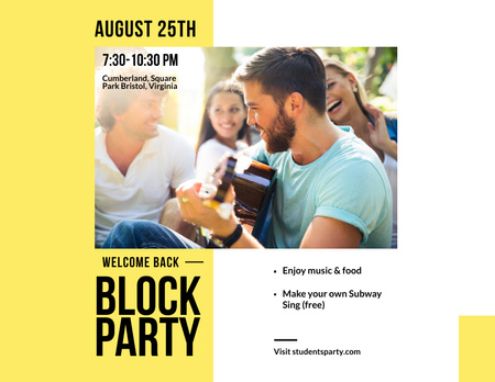 Block Party Announcement on Yellow Flyer 8.5x11in Horizontal Design Template