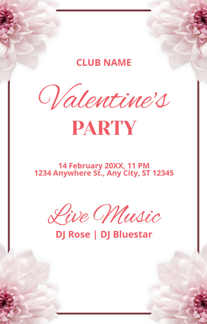 Valentine's Day Party Announcement With Flowers on White Invitation 4.6x7.2in Design Template