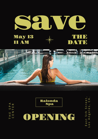 Ontwerpsjabloon van Poster van Aankondiging van de opening van het kuuroord met vrouw in zwembad
