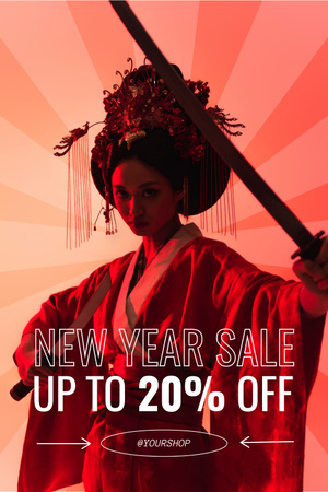Designvorlage Chinesisches Neujahrs-Rabattangebot mit Geisha mit Schwertern für Pinterest