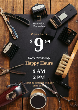 Ανακοίνωση Barbershop Happy Hours με Επαγγελματικά Εργαλεία Flyer A4 Πρότυπο σχεδίασης