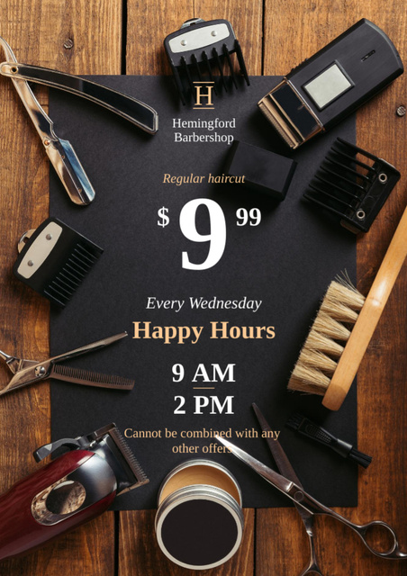 Barbershop Happy Hours Announcement with Professional Tools Flyer A4 Πρότυπο σχεδίασης
