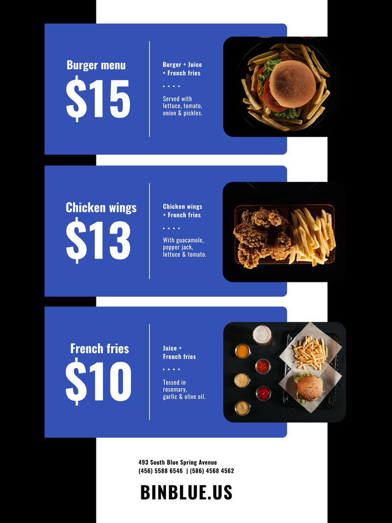 Fast Food Menu Offer on Blue Poster US Tasarım Şablonu