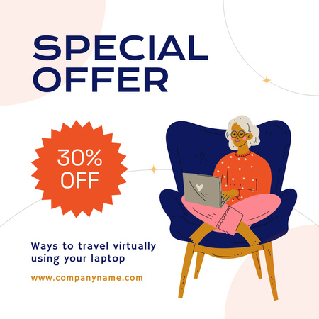 Plantilla de diseño de Anuncio de viaje virtual con mujer con computadora portátil Instagram 