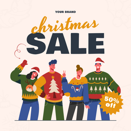 Christmas sale with Cute Illustration Instagram AD tervezősablon