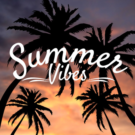 Ontwerpsjabloon van Instagram AD van zomer vibes met palmbomen bij zonsondergang