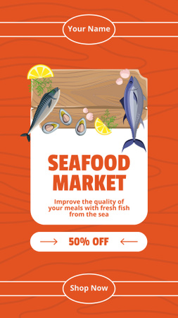 Modèle de visuel Annonce du marché des fruits de mer avec offre de réduction - Instagram Story