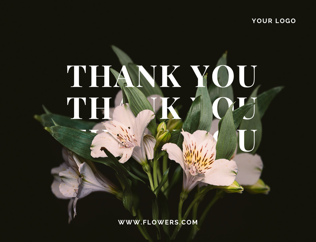 Thanks Message with Fresh Pink Flowers on Black Thank You Card 5.5x4in Horizontal Design Template