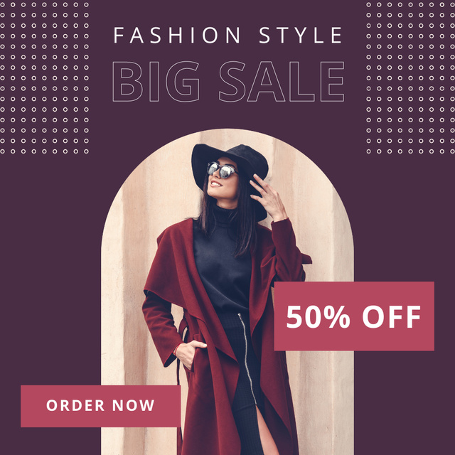 Big Sale Ad with Woman in Stylish Hat and Coat Instagram Tasarım Şablonu